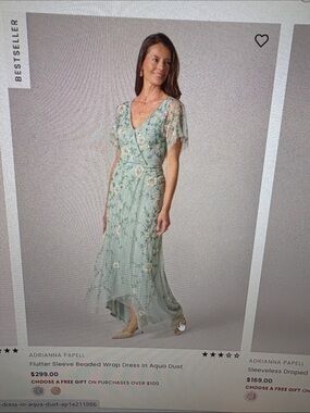 Beaded Flutter-Sleeve High-Low Wrap Dress in Aqua
